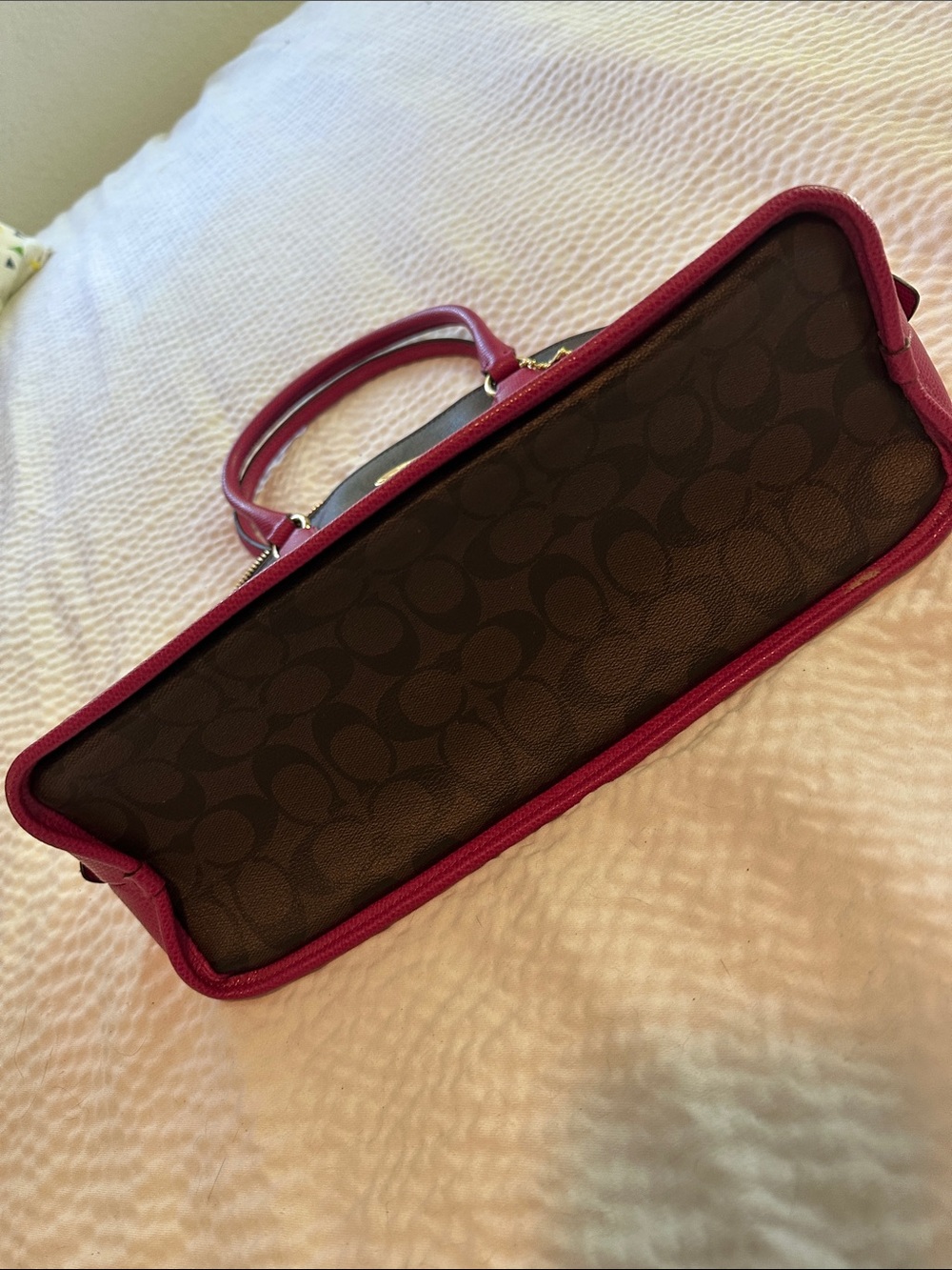 Coach Brown Signature Satchel with Pink Trim and Handles - Picture 3 of 7